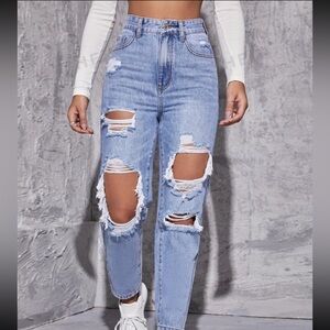 SHEIN EZwear High Waist
Straight Leg Ripped Jeans